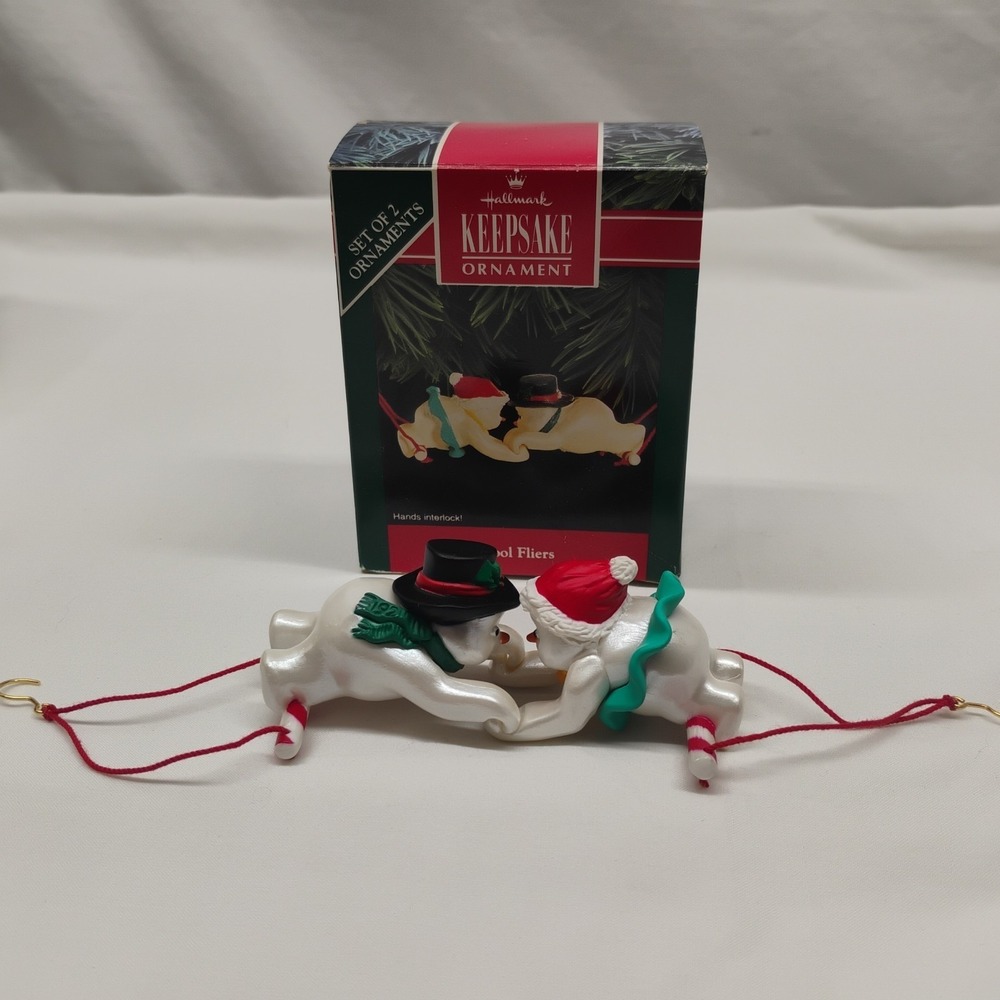1992 Hallmark Keepsake Christmas Ornament Cool Fliers Locking Hands 2pc Snowman